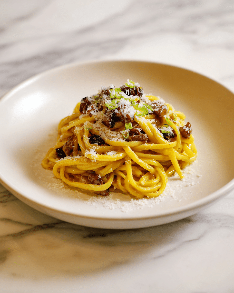 A small mound of yellow pasta noodles sits in the center of a white plate, coated lightly in a glossy sauce. Mixed into the pasta are small dark brown pieces of cooked meat and bits of bright green garnish, adding texture and color contrast. The top of the pasta is sprinkled with fine white grated cheese, some of which has fallen around the plate’s base, all set against a white marbled surface. photo taken with an iphone --ar 4:5 --v 7