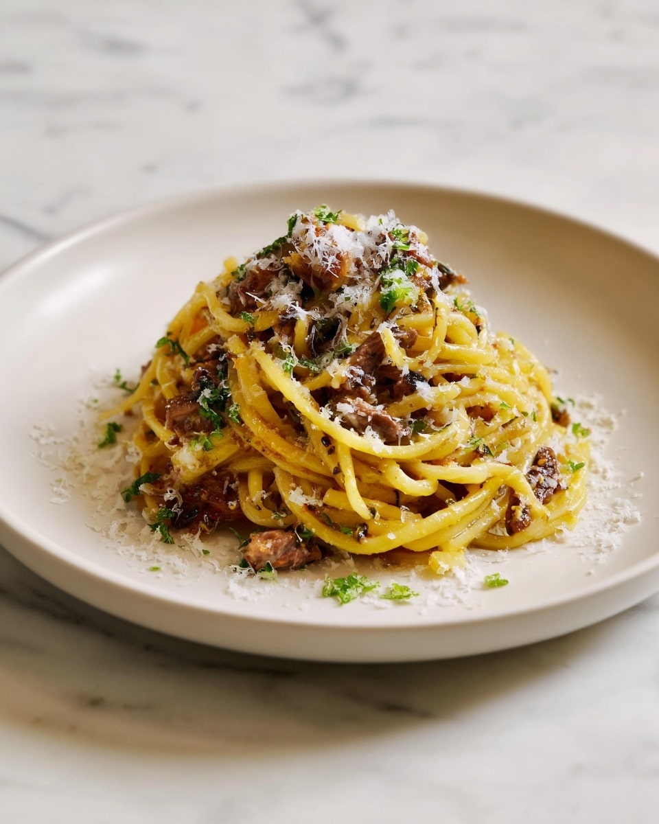 A small mound of yellow pasta strands is placed in the center of a shallow white plate, with visible pieces of browned meat and bits of green herbs mixed throughout the pasta. The pasta looks glossy and well-coated with sauce. White grated cheese is sprinkled lightly over the top of the pasta and scattered around the plate, adding texture. The plate sits on a surface with a white marbled texture. photo taken with an iphone --ar 4:5 --v 7