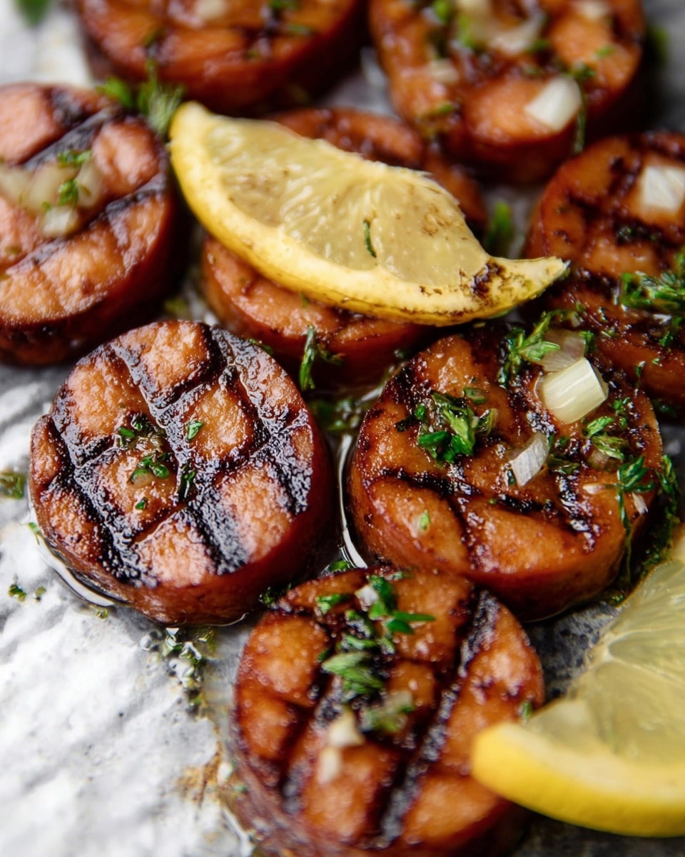 A white plate holds a dish of pasta made from thick, light yellow noodles forming the bottom layer, topped with several round, grilled sausage slices that have dark brown grill marks and a slightly shiny texture with small green herbs scattered on them. Lemon slices with bright yellow skin and pale yellow pulp are placed around the sausage slices, adding a fresh contrast. The plate sits on a white marbled surface, with a metal fork visible in the background. The overall look is warm and inviting with a mix of smooth pasta and textured sausage pieces. photo taken with an iphone --ar 4:5 --v 7