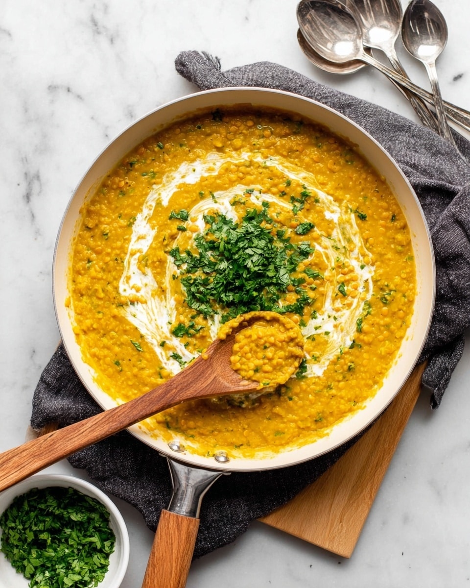 A round white pan with a wooden handle holds a thick yellow lentil dish with a slightly chunky texture, spread evenly inside. On top, a swirl of white cream is artistically drizzled, and a pile of chopped green herbs is placed in the center, adding fresh color. A wooden spoon with some lentils on it leans on the side of the pan, resting on a dark gray cloth napkin on a white marbled surface. Nearby, a small white bowl filled with more chopped green herbs and part of a white bowl with two silver spoons can be seen. Photo taken with an iphone --ar 4:5 --v 7