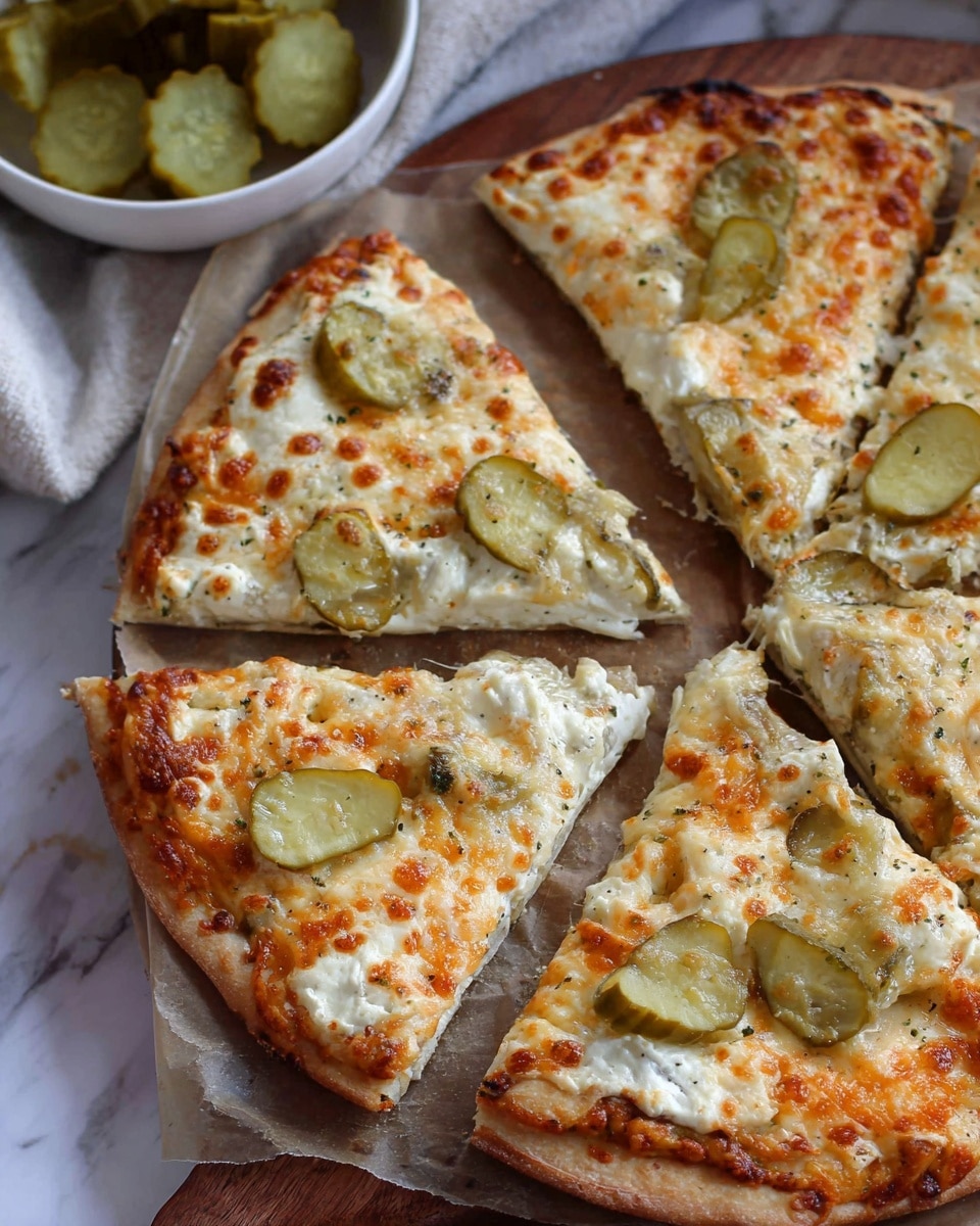 The image shows a pizza sliced into six pieces, placed on parchment paper atop a wooden surface. The pizza has three layers: the bottom layer is a light golden crust, the middle layer consists of thick white ricotta cheese covered unevenly, and the top layer features melted mozzarella cheese with orange-brown spots and round green pickle slices scattered across. In the bottom left corner, a white bowl with sliced pickles is partly visible. The background is a white marbled texture. photo taken with an iphone --ar 4:5 --v 7