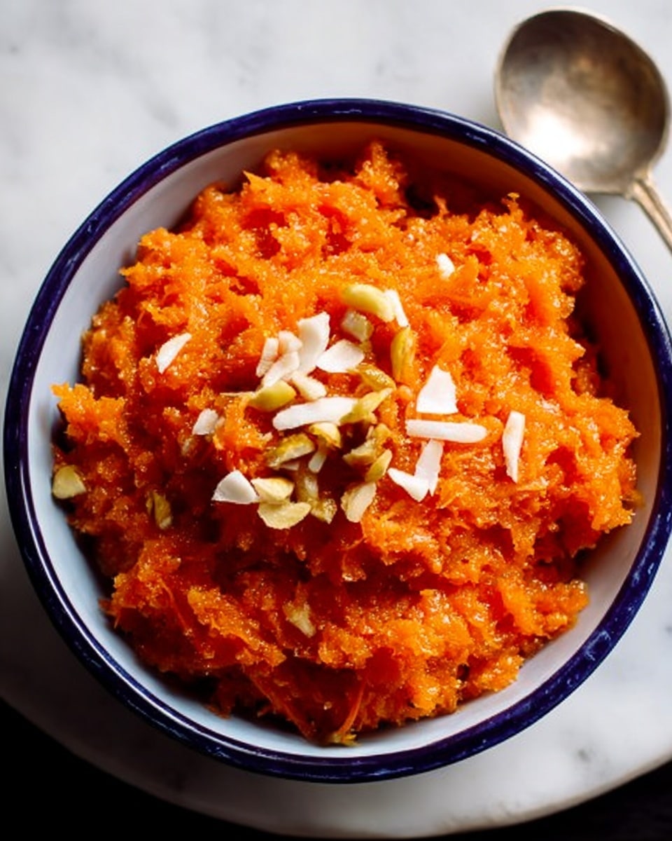 The image shows a white bowl with a dark blue rim filled with a thick, coarse-textured orange dish that looks like grated carrots cooked softly and mixed with some spices. On top, there are a few small pieces of white, shredded nuts, adding texture and slight color contrast. The bowl sits on a white marbled surface, and there is a blurred silver spoon near the top right corner of the image. The lighting highlights the glossy and moist texture of the dish. photo taken with an iphone --ar 4:5 --v 7