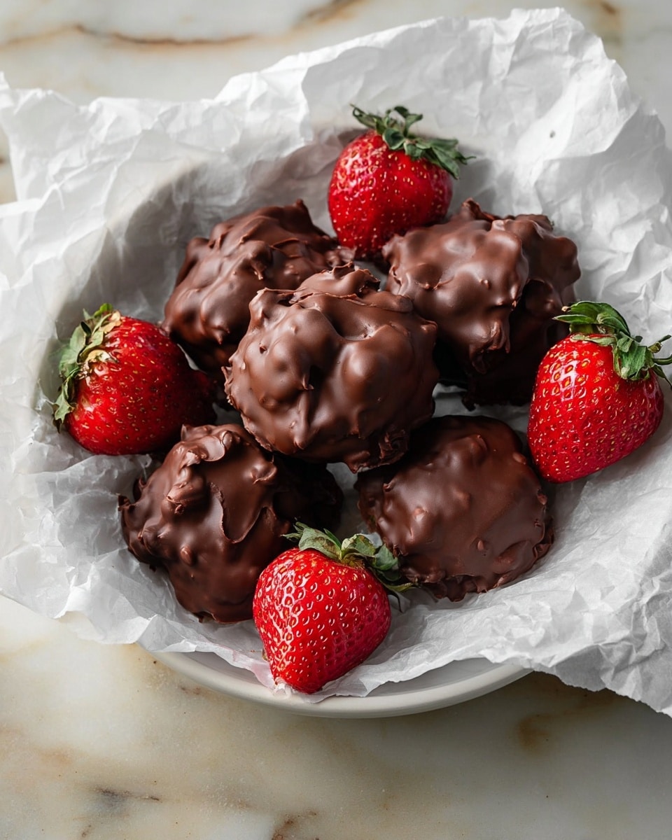 A white bowl lined with crumpled white parchment paper holds six irregularly shaped chocolate-covered clusters, each with a glossy, thick dark brown chocolate coating that looks smooth but slightly bumpy. Around the clusters are seven vibrant red strawberries with fresh green leaves, all sitting on a white marbled surface. The strawberries add a fresh, bright contrast to the dark chocolate clusters. photo taken with an iphone --ar 4:5 --v 7