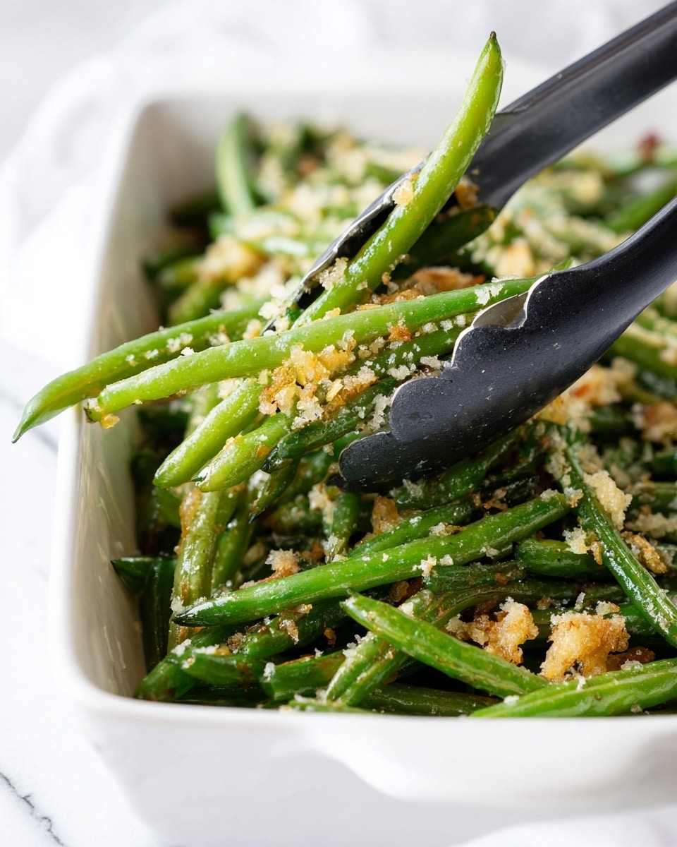 The image shows a close-up of cooked green beans in a white rectangular dish. The green beans are bright green with some slight browning, and they are covered with small, crumbly pieces of a light yellow or beige topping that looks crispy. A pair of black tongs is picking up some green beans from the dish. The background has a white marbled texture. photo taken with an iphone --ar 4:5 --v 7