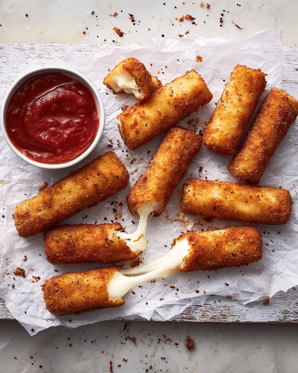 Several golden brown mozzarella sticks with a crispy, textured breaded coating are scattered across crumpled white parchment paper on a white wooden board. One mozzarella stick is broken open, showing gooey melted white cheese stretching out. A small white bowl filled with thick, shiny red marinara sauce sits in the top left corner. The white board is placed on a white marbled surface. Small crumbs and black pepper flakes are sprinkled around the sticks. photo taken with an iphone --ar 4:5 --v 7