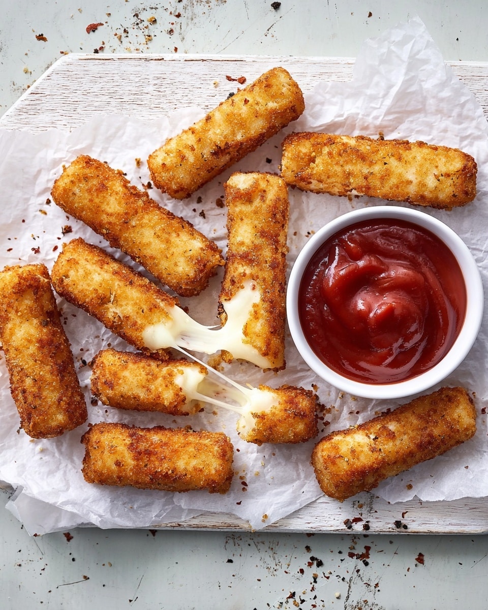 Several golden brown fried mozzarella sticks with a crunchy texture are scattered on white crumpled parchment paper atop a white wooden board. One mozzarella stick is broken open, showing gooey white melted cheese stretching out. Next to the sticks is a small white bowl filled with thick red ketchup. The food is placed on a white marbled textured surface with a few black pepper flakes around, adding a hint of contrast. photo taken with an iphone --ar 4:5 --v 7