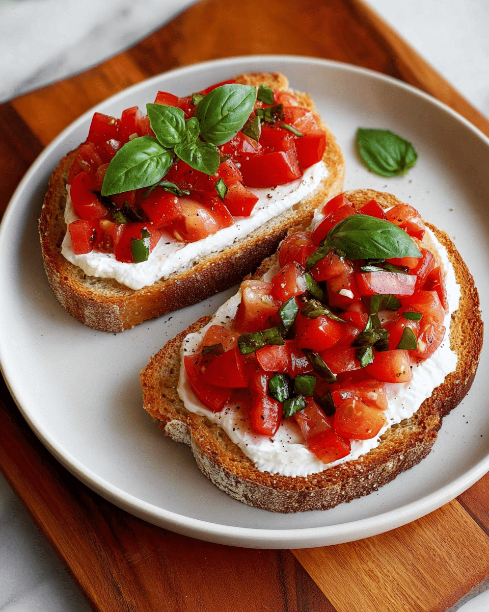 Two slices of toasted brown bread serve as the base layer, topped with a thick, creamy white spread that is smooth and evenly covered. On top, bright red, diced tomatoes mixed with chopped green basil leaves create a colorful and fresh second layer. The pieces of tomato look juicy and slightly glossy, while the basil adds a crisp texture. A few whole basil leaves are placed on top for garnish. The toast is arranged on a white plate set on a wooden board, with a white marbled background visible around. Photo taken with an iphone --ar 4:5 --v 7
