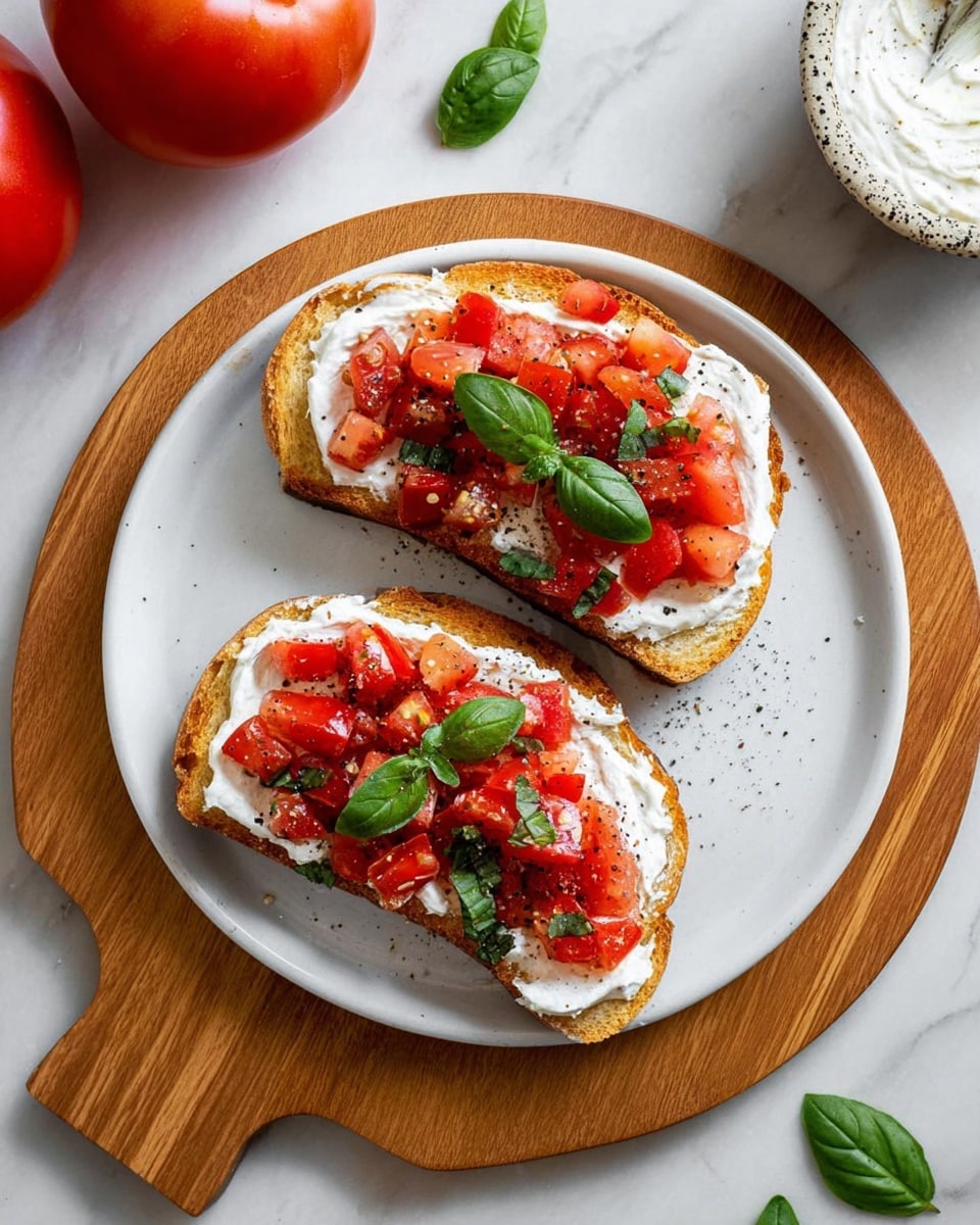 Two slices of toasted bread rest on a white plate, placed on a round wooden board over a white marbled surface. Each slice is topped with a thick, creamy white layer spread evenly, followed by a generous layer of small, bright red tomato chunks scattered across. Fresh green basil leaves are placed evenly on top of the tomatoes, adding a pop of color. There is a sprinkling of black pepper on the creamy layer, adding texture. Around the board, loose basil leaves and a whole red tomato are scattered, with a speckled white bowl containing more creamy white spread visible at the top right. Photo taken with an iphone --ar 4:5 --v 7
