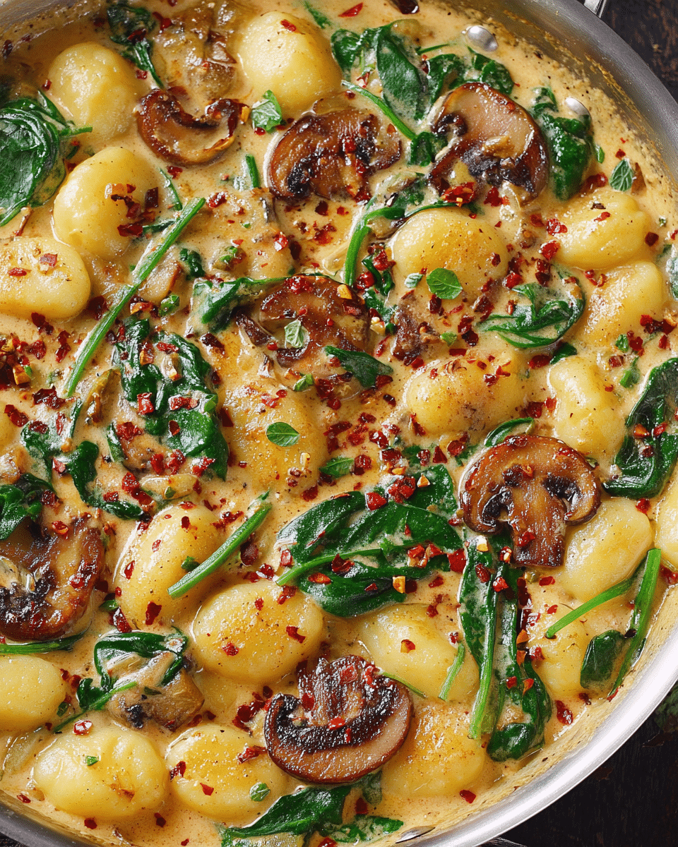 A close-up view of a creamy gnocchi dish in a silver pan, showing three main layers: soft yellow gnocchi pieces, browned sliced mushrooms, and fresh dark green spinach leaves, all covered in a rich, slightly thick cream sauce. The sauce has a smooth texture that mingles with red chili flakes sprinkled throughout, giving a speckled red contrast on top. The mushrooms look juicy and slightly charred, adding a darker brown color with a crisp texture. The gnocchi are plump and tender, forming the base layer all around. The spinach provides a fresh pop of green, scattered evenly. Photo taken with an iphone --ar 4:5 --v 7