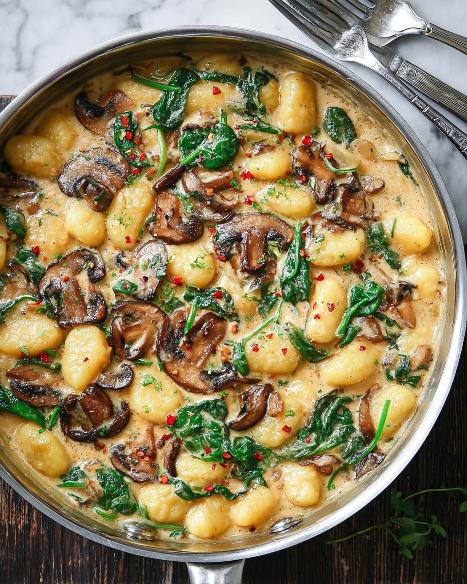 The image shows a close-up of a silver pan filled with a creamy dish. On the bottom layer, there are soft, yellow gnocchi tubed pieces spread evenly all around. Mixed within are dark brown, sliced mushrooms with a slightly crispy look. Bright green spinach leaves are scattered on top and between the gnocchi and mushrooms, adding contrast. The creamy sauce is light beige with a smooth texture, covering the dish and giving it a moist shine. There are small red chili flakes sprinkled on top, adding tiny pops of color and texture. The pan rests on a white marbled surface, with a fork and knife placed nearby. Photo taken with an iphone --ar 4:5 --v 7