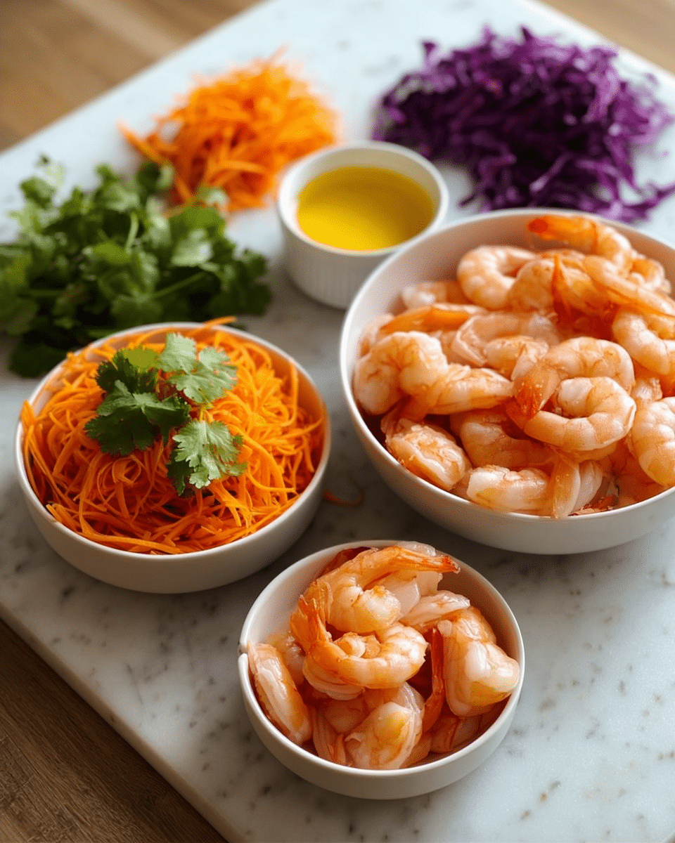 In the image, there are three white bowls on a white marbled surface. The largest bowl at the back right is filled with peeled orange shrimp sitting on top of shredded orange carrot. The smaller bowl in front of it on the right also has peeled orange shrimp arranged on shredded carrot. The third smallest bowl to the left holds a pile of thin shredded bright orange carrot topped with fresh green cilantro leaves. Behind these bowls is a small white cup with yellow sauce. There are more shredded carrot and chopped purple cabbage with another bunch of cilantro on the white marbled surface around the bowls. Photo taken with an iphone --ar 4:5 --v 7