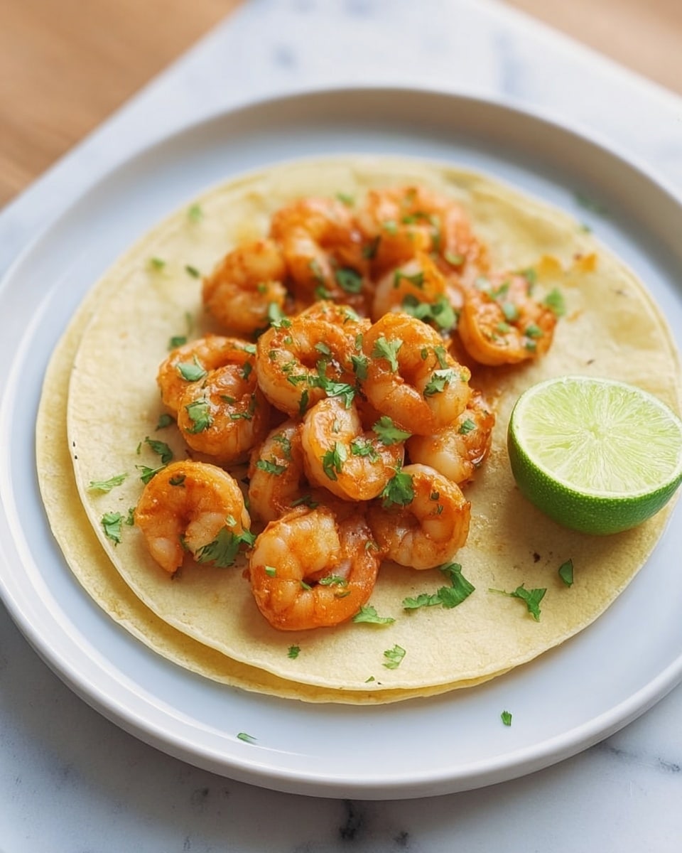 A white plate holds two light yellow soft tortillas stacked on top of each other, centered on the plate. On the top tortilla, there is a pile of orange cooked shrimp with a slightly shiny texture, sprinkled with small bits of green cilantro leaves. Next to the tortillas on the plate is a small lime wedge with its bright green skin and lighter green inside visible. The plate sits on a white marbled surface. Photo taken with an iphone --ar 4:5 --v 7