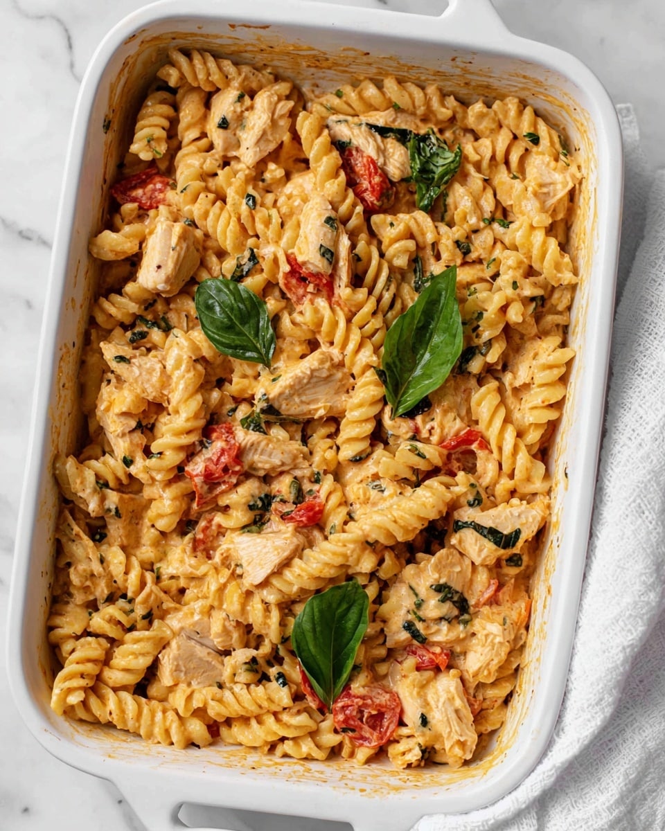 A close-up view of a white rectangular baking dish filled with creamy pasta made of spiral rotini noodles mixed with pieces of cooked chicken, bright red tomato chunks, and fresh green basil leaves. The pasta is coated in a smooth, light orange sauce with specks of herbs visible throughout. Some basil leaves sit on top as garnish, adding fresh green contrast. The edges of the dish show remnants of the sauce baked on the sides. The dish rests on a white marbled surface with a white cloth partially visible on the right side. photo taken with an iphone --ar 4:5 --v 7