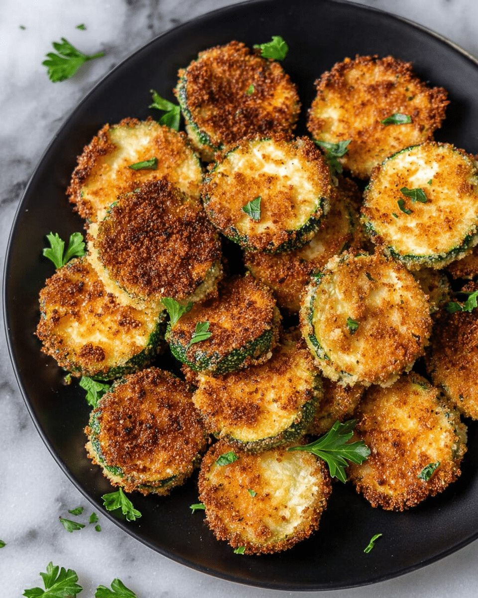 A black plate filled with round, crispy fried slices that are golden brown with a rough, crumbly texture on the outside and a green edge showing in some slices, indicating they are breaded zucchini rounds. Small green parsley leaves are scattered on top and around the plate, adding a touch of freshness. The plate sits on a white marbled surface. photo taken with an iphone --ar 4:5 --v 7