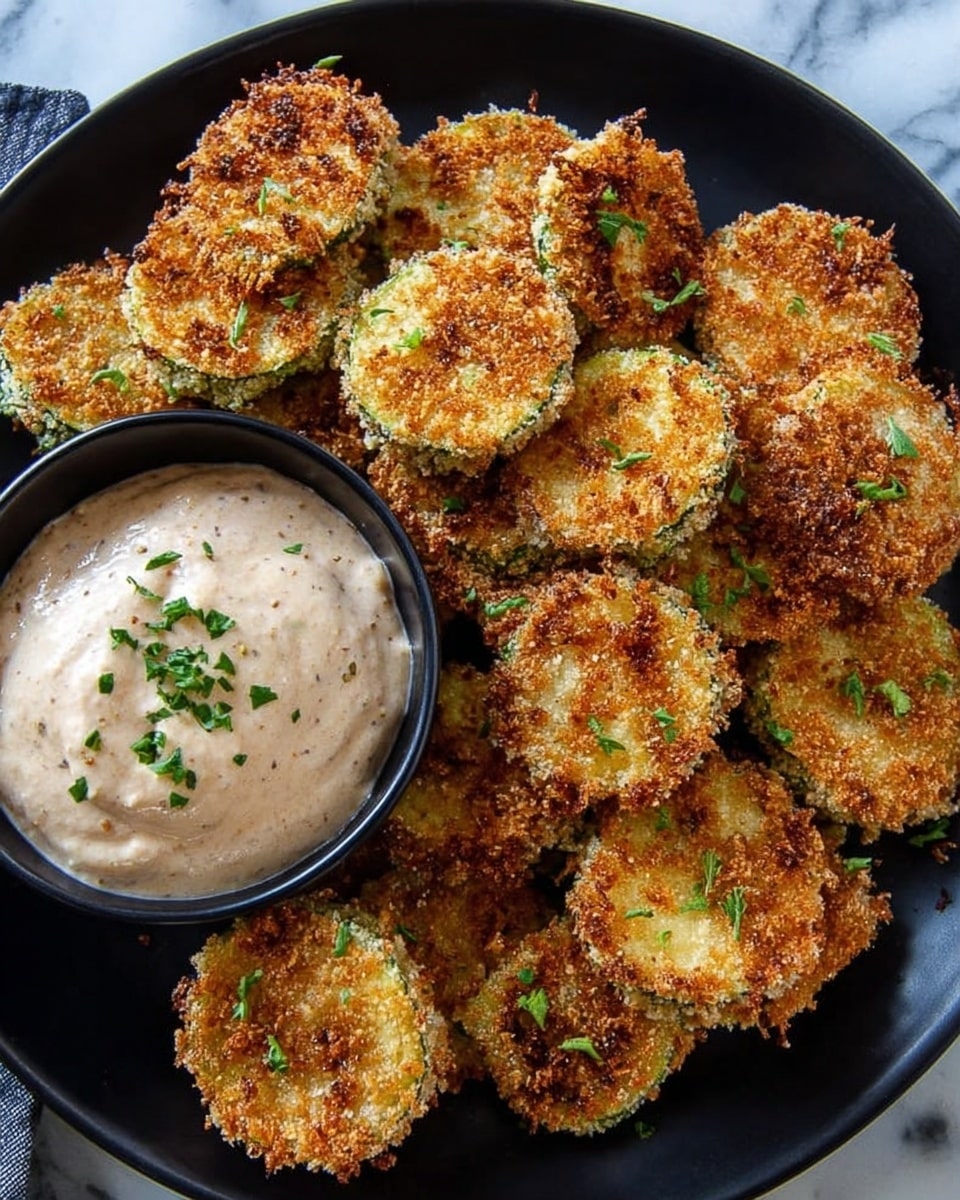 A round black plate filled with two layers of crispy, golden-brown fried zucchini slices, scattered with small green herb pieces. Inside a small black bowl on the side, there is a creamy, light beige dip with a smooth and slightly chunky texture. The plate sits on a white marbled surface. photo taken with an iphone --ar 4:5 --v 7