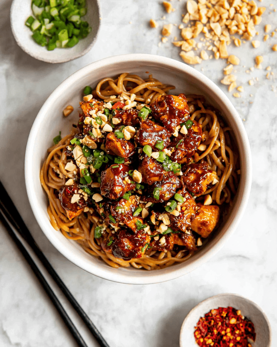 The image shows a white bowl filled with three main layers. The bottom layer is a bed of cooked brown noodles that look soft and twisted. Mixed on top are chunks of glazed chicken pieces with a shiny, caramelized brown coating. Scattered over the noodles and chicken are chopped green onions, crushed peanuts, and red chili flakes, adding pops of green, beige, and red. The bowl sits on a white marbled surface with some chopped green onions, crushed peanuts, and chili flakes scattered around. Two small white bowls partially visible nearby hold more chopped green onions and red chili flakes. A pair of black chopsticks lies diagonally next to the bowl. photo taken with an iphone --ar 4:5 --v 7