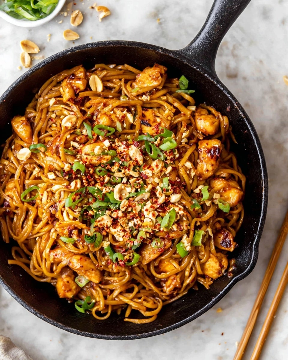 A black cast iron skillet filled with a mix of medium brown noodles and golden brown, glossy pieces of chicken. The noodles and chicken are coated in a shiny sauce, giving them a slightly sticky look. On top, there are chopped green onions scattered evenly, along with small bits of crushed peanuts and some red chili flakes adding color and texture. The skillet sits on a white marbled surface, with a pair of chopsticks resting nearby and some extra chopped green onions and crushed peanuts scattered around. photo taken with an iphone --ar 4:5 --v 7