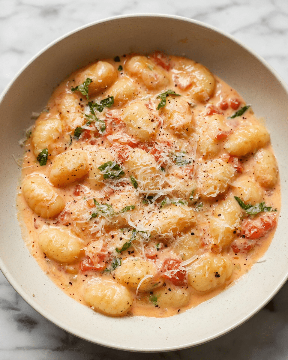 The image shows a white bowl filled with soft gnocchi pieces in a creamy light orange sauce mixed with bits of red tomato and small green herb leaves. The gnocchi are plump and smooth, covered evenly by the sauce that has a slightly thick texture. On top, finely grated pale yellow cheese is sprinkled all around, adding a delicate snowy layer with a bit of black pepper visible. The bowl sits on a white marbled surface, creating a clean and simple background. photo taken with an iphone --ar 4:5 --v 7