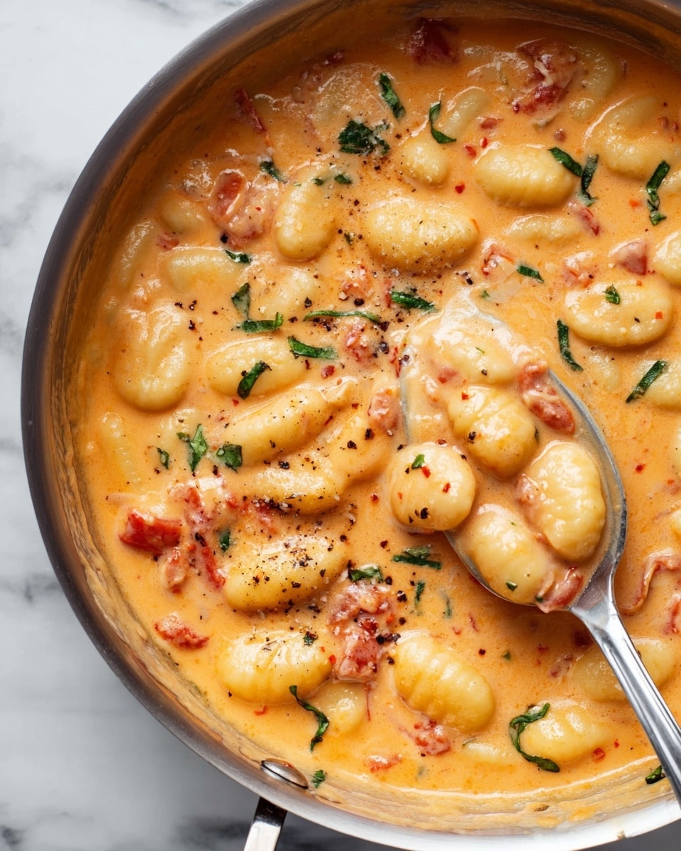 A close-up of a silver pan filled with creamy orange sauce mixed with soft, oval-shaped gnocchi. The gnocchi are pale yellow and spread throughout the sauce, which looks smooth and rich with small pieces of red tomato and bits of green herbs scattered around for color contrast. Some black pepper is sprinkled on top, adding small dark specks. A silver spoon holds a scoop of the gnocchi and sauce on the right side of the pan. The pan is placed on a white marbled surface. photo taken with an iphone --ar 4:5 --v 7