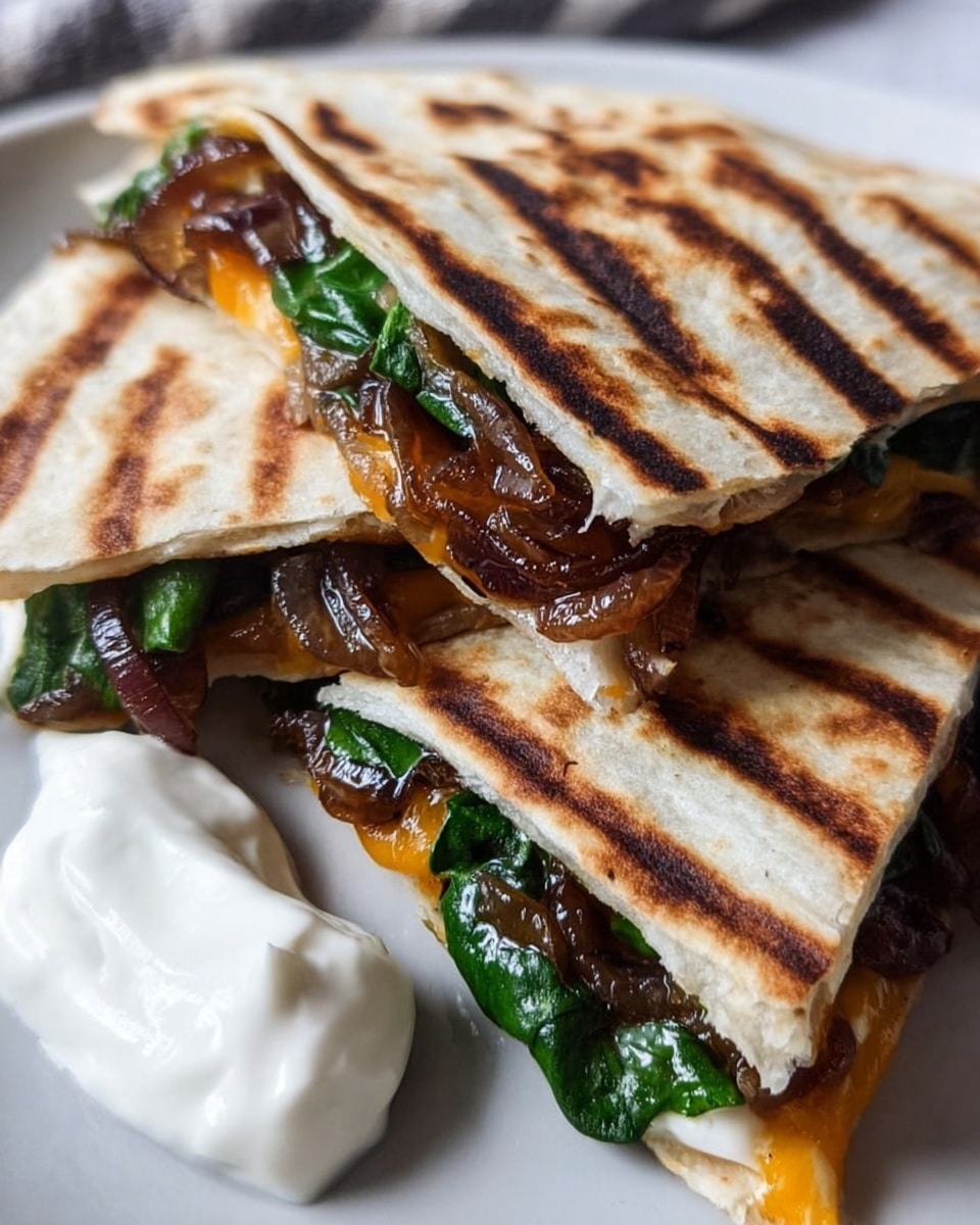 A close-up image of a quesadilla cut into two triangular halves, showing three layers inside. The outer layers are toasted flatbreads with dark grill lines, light golden brown with slightly charred stripes. Inside, the first inner layer is melted orange cheese, followed by wilted bright green spinach leaves, and topped with caramelized onions that are glossy dark brown with a soft texture. The quesadilla rests on a clean white plate set on a white marbled surface, with a dollop of white sour cream on the side. photo taken with an iphone --ar 4:5 --v 7