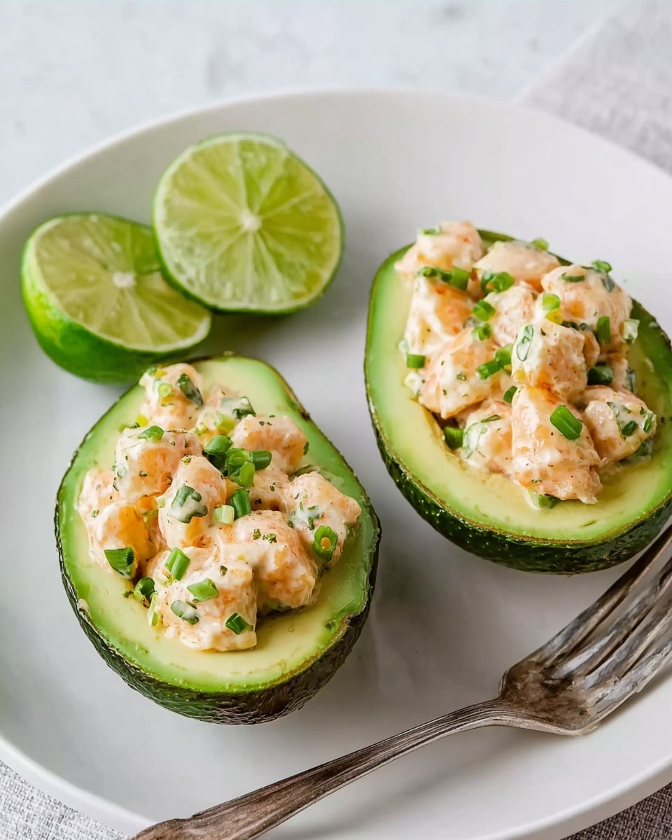 Two avocado halves sit on a white plate with a white marbled texture background; each half is filled with a creamy mixture of small, pale orange chunks that look like seasoned seafood or chicken, sprinkled with small green chopped herbs or scallions. To the left of the avocados is a half lime with a bright green rind and light green juicy flesh. A silver fork rests to the right side of the plate. The avocado skin is dark green and rough, while the inside flesh is a smooth, light green. Photo taken with an iphone --ar 4:5 --v 7