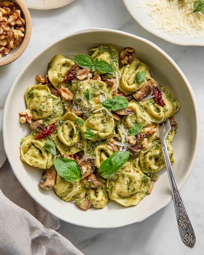 Creamy Pesto Tortellini with Toasted Walnuts and Sun-Dried Tomatoes Recipe