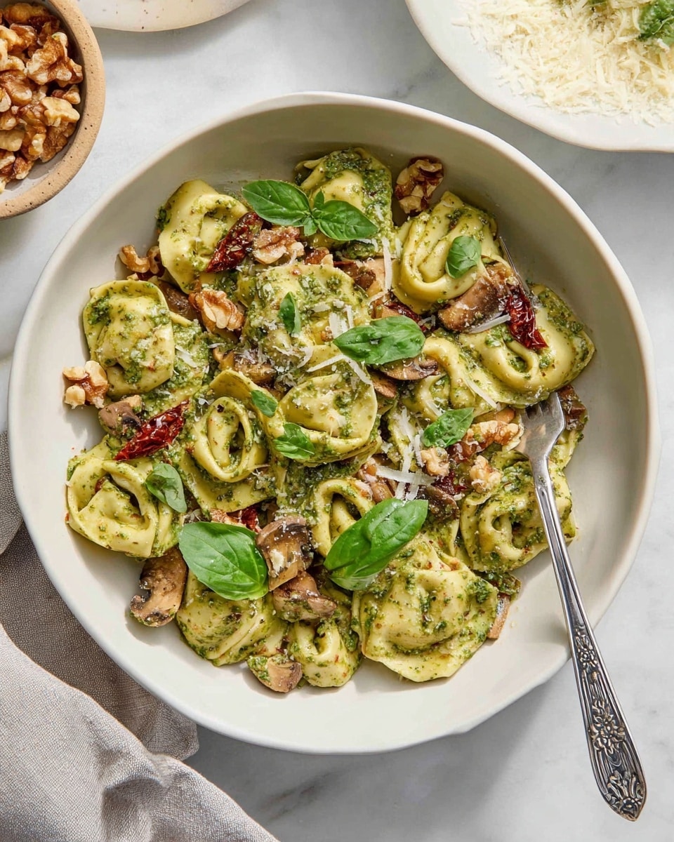 Creamy Pesto Tortellini with Toasted Walnuts and Sun-Dried Tomatoes Recipe