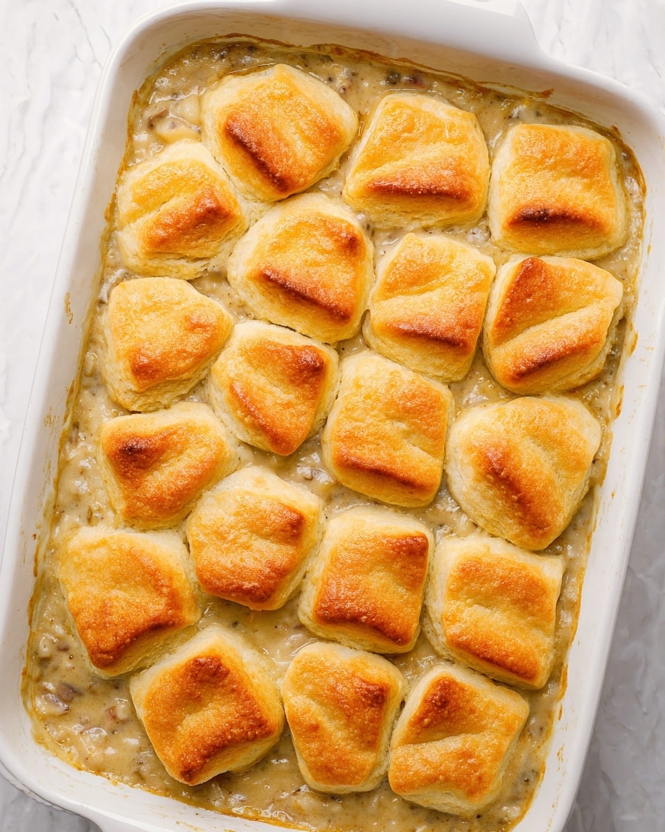 The image shows a white rectangular baking dish filled with a casserole. The dish has one main layer of creamy, slightly lumpy sauce with visible bits that likely contain meat or vegetables, giving it a thick texture and a light beige color. On top, there is a single layer of golden-brown biscuit pieces, each with a slightly risen, flaky texture and rounded edges, arranged to cover the entire surface with some small gaps showing the sauce beneath. The biscuits have a warm, shiny finish with some light crisping on the edges. The background is a white marbled texture. photo taken with an iphone --ar 4:5 --v 7