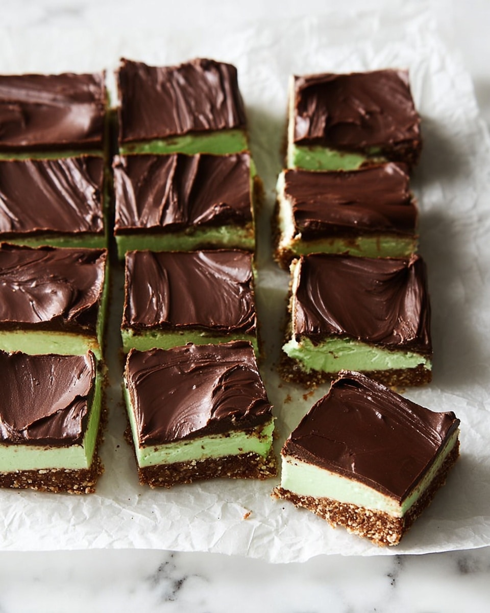 The image shows several square dessert bars arranged on a white marbled surface. Each bar has three visible layers: a dark brown crumbly base layer at the bottom, a thick middle layer of smooth, light green filling, and a glossy dark brown chocolate layer on top with uneven swirls. A few crumbs are scattered around the bars, and one bar is slightly separated from the group, highlighting the textured layers clearly. The scene is bright with natural light giving a fresh, clean look. photo taken with an iphone --ar 4:5 --v 7