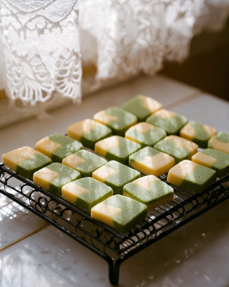 A black wire rack holds two layers of square checkerboard cookies, each cookie divided into four smaller squares alternating between green and pale yellow colors. The cookies have a smooth texture, neatly aligned in rows and columns on the rack, which is placed on a white marbled surface near a softly lit window with lace curtains in the background. The light creates a gentle shadow and warmth on the cookies, enhancing their fresh baked look. photo taken with an iphone --ar 4:5 --v 7