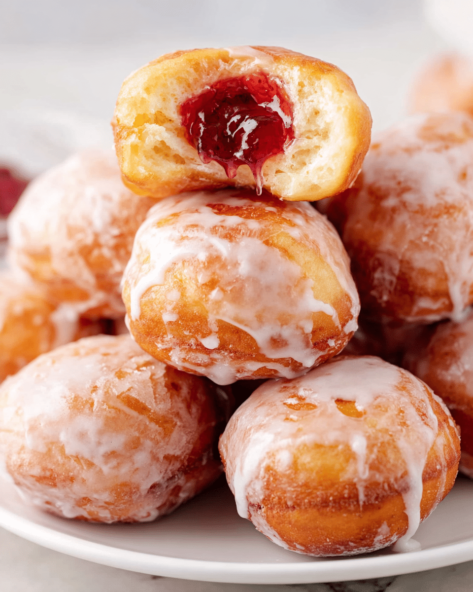 A close-up view of small round donuts stacked on a white plate with a white marbled background. Each donut is covered with a shiny, light-colored glaze that looks slightly cracked and drips slowly. The donuts have a golden-brown color underneath the glaze with a soft, fluffy texture. One donut on top is bitten into, showing a thick, glossy red cherry filling inside that contrasts with the pale outside. The overall focus is on the pile of donuts and the bright, colorful filling of the bitten one. photo taken with an iphone --ar 4:5 --v 7