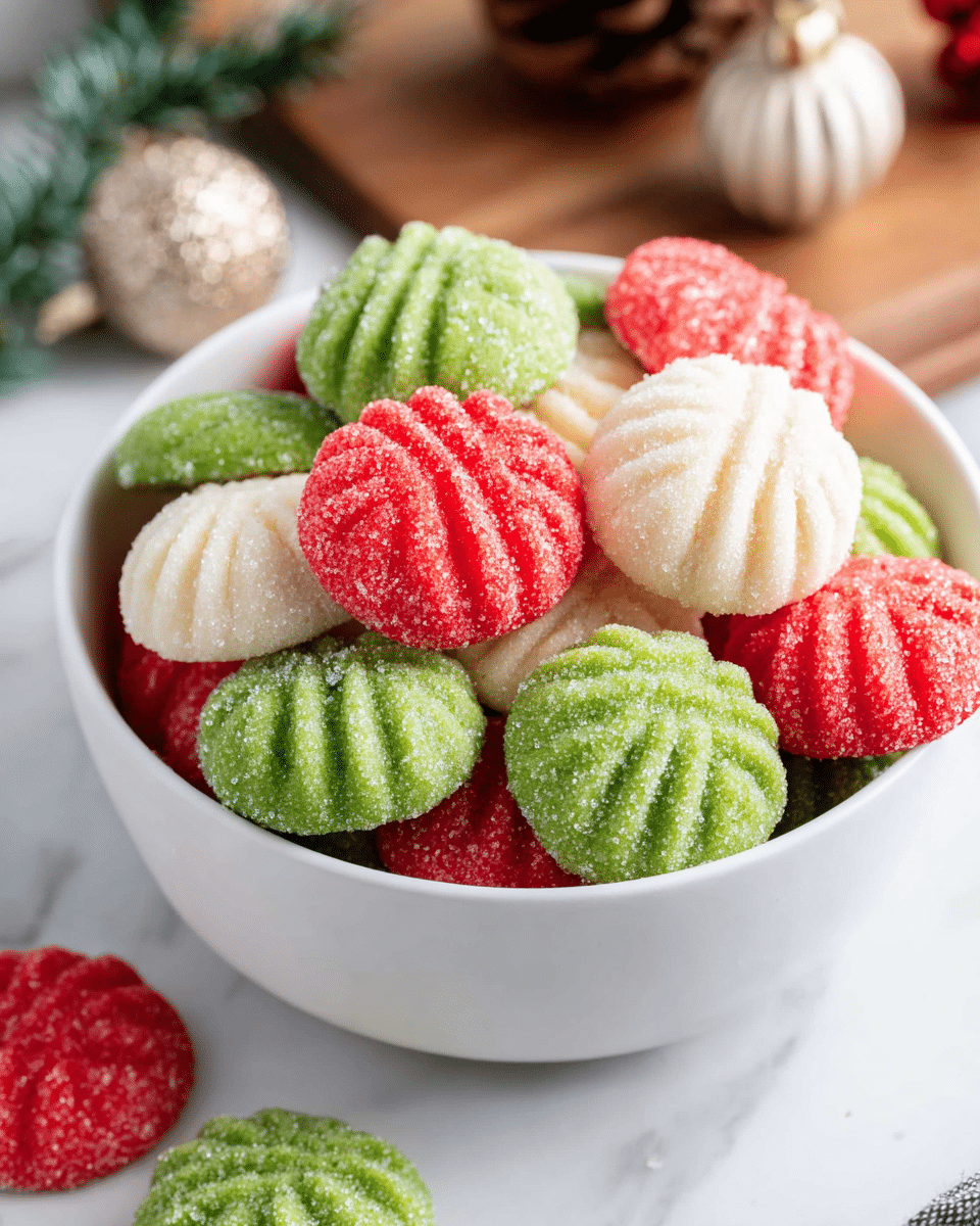 The image shows a white bowl filled with small, round, colorful cookies in three colors: green, red, and white. Each cookie has a ridged pattern pressed into the top and is sprinkled with coarse sugar crystals, giving a sparkling effect. The cookies are stacked loosely inside the bowl, with some overlapping. Outside the bowl, a few cookies are also placed on the white marbled surface. The background includes a wooden board and some festive decor blurred out softly, giving a cozy holiday feel. photo taken with an iphone --ar 4:5 --v 7