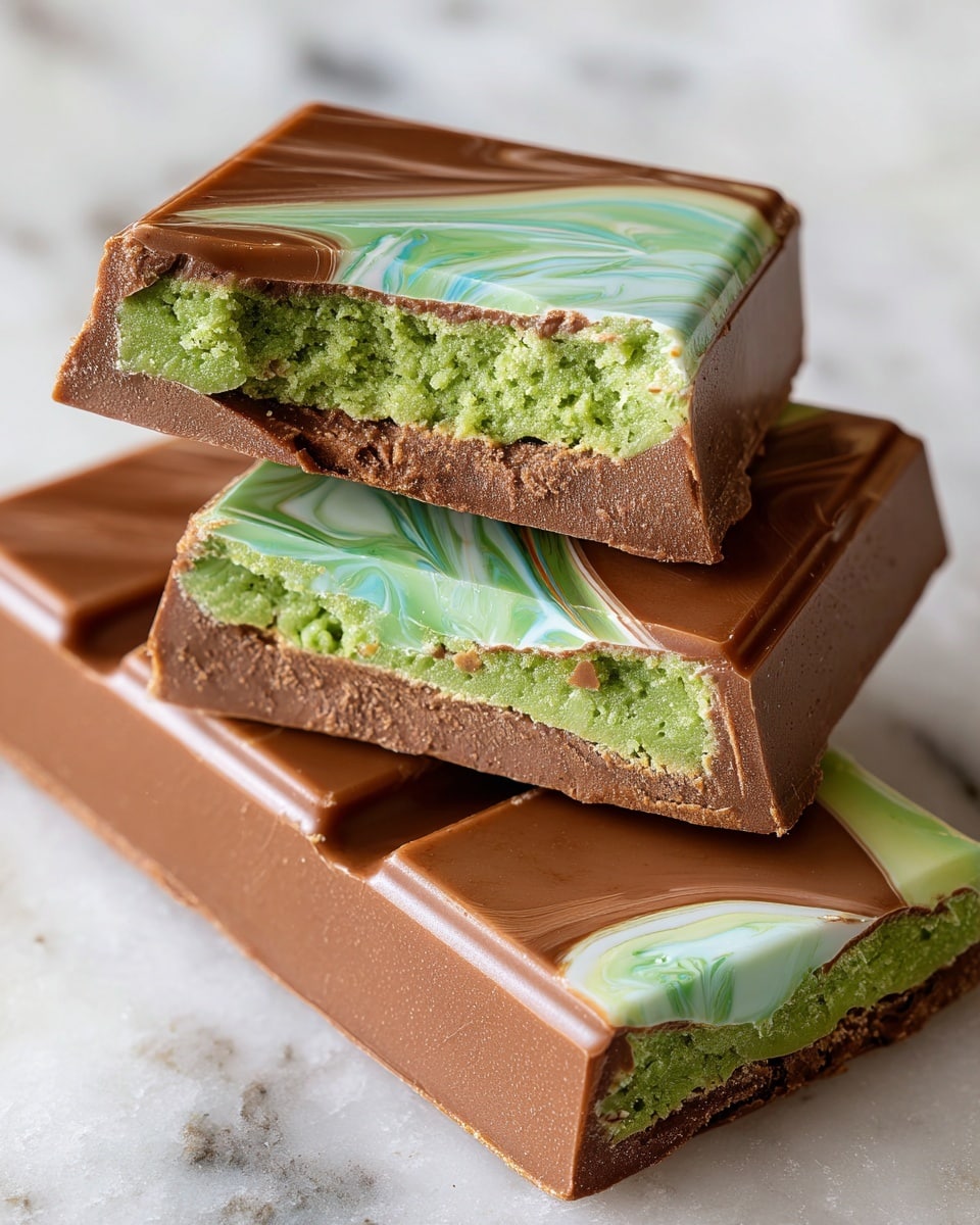The image shows a close-up of a chocolate bar with three visible layers. The bottom and top layers are smooth milk chocolate, rich brown in color, with a shiny surface. The middle layer is thick and rough-textured, bright green, looking creamy and slightly crumbly. The top chocolate layer has swirls of light green mixed in, creating a marbled effect. Two pieces of the bar are stacked on each other, with the top piece broken in half to reveal the green filling inside. The chocolate bar rests on a white marbled surface. Photo taken with an iphone --ar 4:5 --v 7