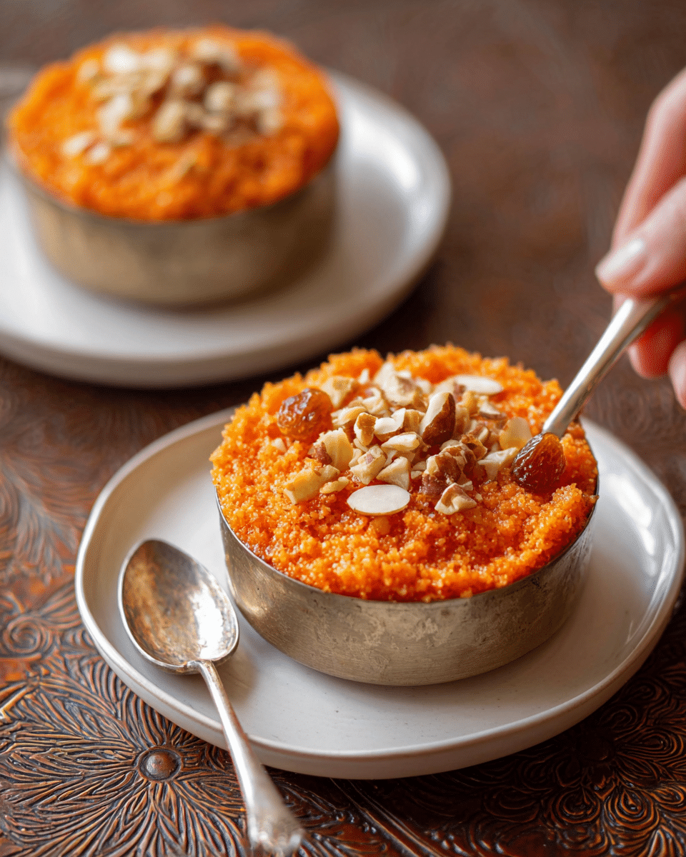The image shows two small round metal bowls filled with bright orange carrot dessert with a slightly coarse texture, placed inside white plates. The dessert is topped with chopped nuts and golden raisins scattered unevenly on top. A vintage silver spoon lies next to the bowl in the foreground on the plate. The background features a detailed brown embossed pattern, and a woman's hand is about to pick the spoon. The colors focus on the warm orange of the dessert, cool silver of the spoon, and neutral white of the plates, creating a homely and inviting scene. photo taken with an iphone --ar 4:5 --v 7