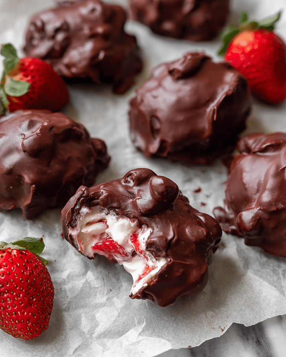 The image shows several chocolate-covered treats placed on light gray parchment paper over a white marbled surface. Each treat has a thick, uneven layer of glossy dark brown chocolate on the outside with rough texture and small bumps. One treat is broken open in the center of the image, revealing a creamy white filling mixed with pieces of bright red strawberries inside. Around the treats, there are fresh whole strawberries with green leafy tops, adding a fresh and colorful contrast. The overall look is homemade and rustic. Photo taken with an iphone --ar 4:5 --v 7