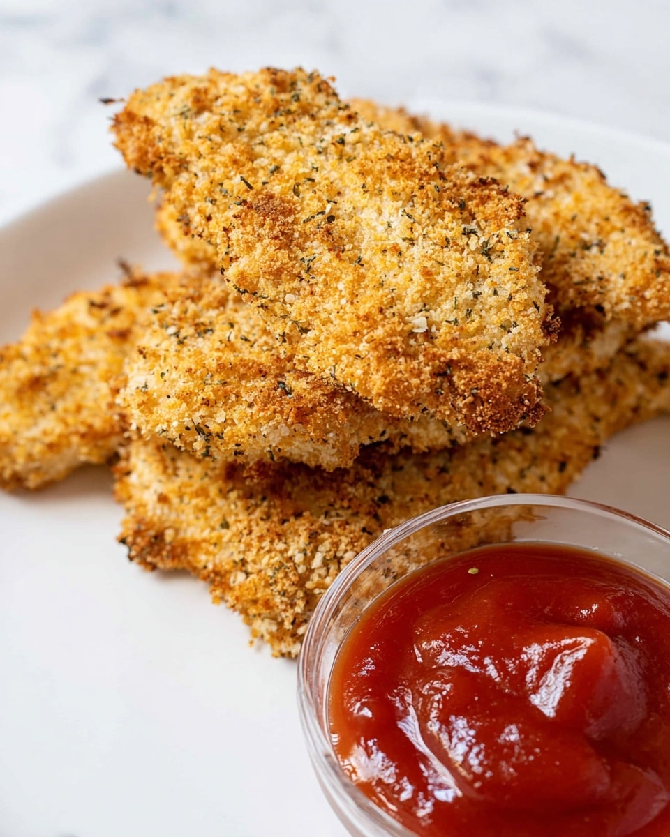 A close-up image shows four pieces of breaded and baked chicken tenders stacked on top of one another, with a crunchy texture and golden light brown color flecked with herbs. In front of the chicken, there is a small clear glass bowl filled with smooth, shiny red ketchup. Both the chicken and sauce are placed on a white plate set on a white marbled surface. The photo taken with an iphone --ar 4:5 --v 7