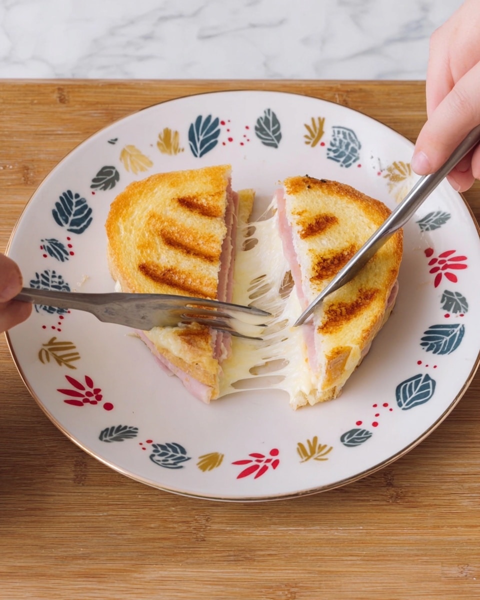 A white plate with a colorful leaf pattern holds a toasted sandwich with golden brown crust and grill marks. The sandwich is cut open, showing melted white cheese stretching out in strings from the inside. There is a layer of pale pink ham under the cheese and soft, slightly yellow bread on top and bottom. A woman's hand with a fork pulls apart one side while another woman's hand uses a knife to cut the sandwich. The plate is set on a white marbled surface. Photo taken with an iphone --ar 4:5 --v 7