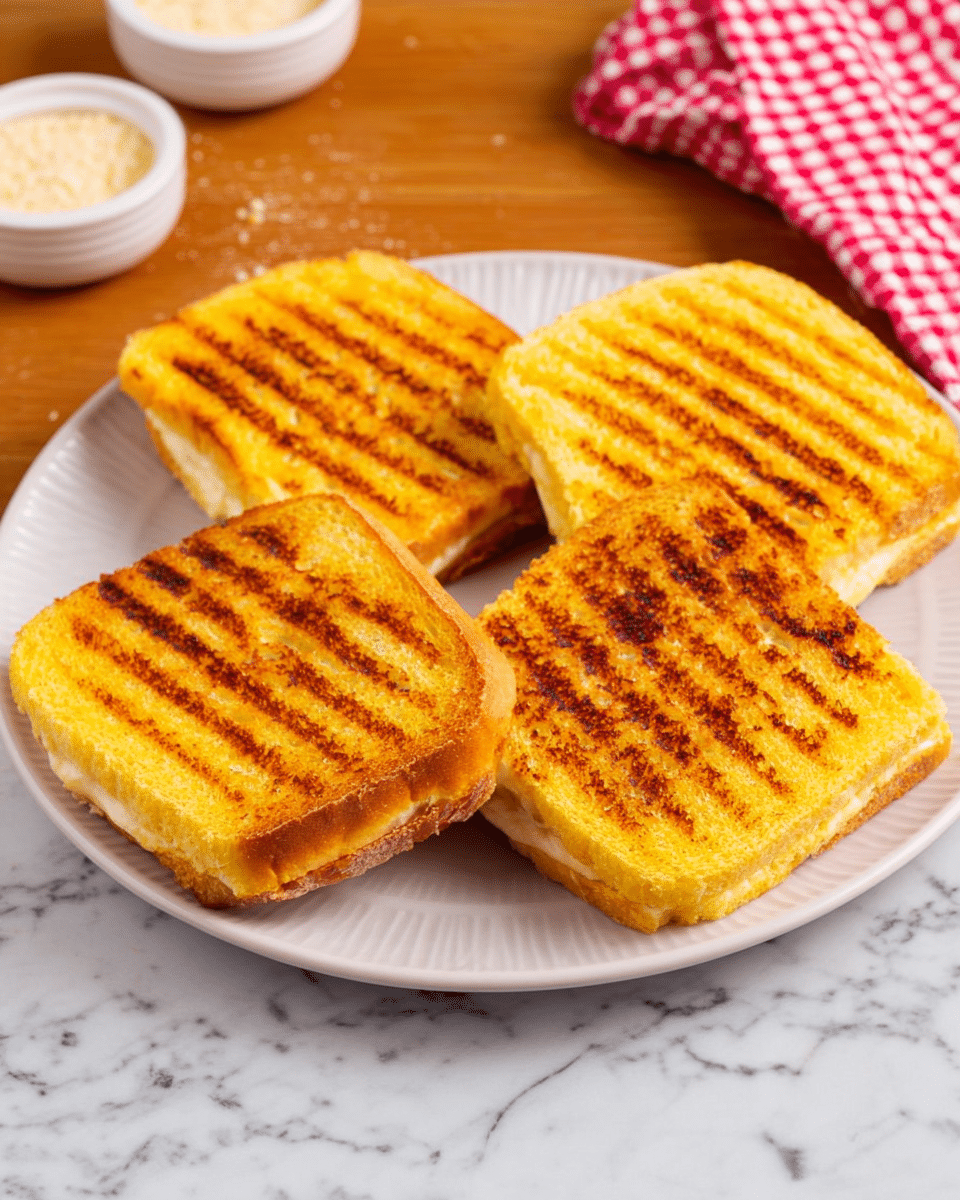 The image shows a white plate with four square-shaped grilled sandwiches arranged close together, each sandwich having golden yellow bread with dark brown grill marks on top. The sandwiches look thick and toasted evenly, with slightly rounded edges and a crispy texture. The plate is set on a white marbled surface, and in the background, there are small white bowls with light-colored crumbs and a red and white checkered cloth partially visible. Photo taken with an iphone --ar 4:5 --v 7