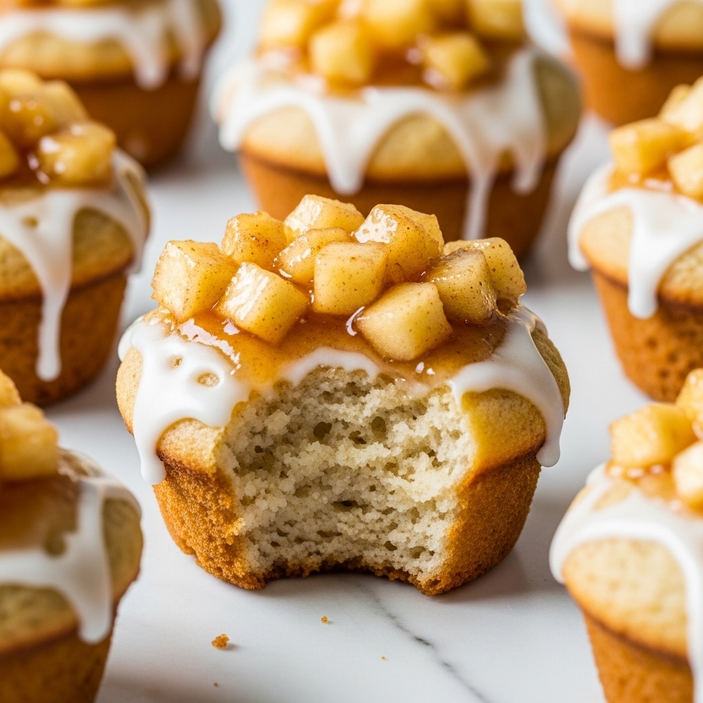 Close-up of a small baked muffin with a golden brown crust and a soft, fluffy beige inside, partly bitten to show the texture. On top, there is a thick layer of translucent, glossy apple chunks mixed with a shiny syrup, adding a light amber color. White icing with a smooth, creamy texture drips down the sides of the muffin, creating thin streaks. Surrounding the main muffin are other similar muffins, all topped with the same apple and icing layers, placed on a white marbled surface. photo taken with an iphone --ar 4:5 --v 7