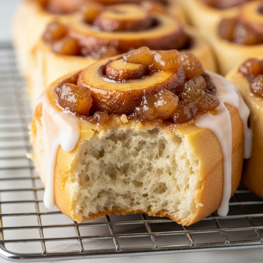 A close-up view of a single bitten cinnamon roll sits on a metal cooling rack over a white marbled surface. The roll has a soft and fluffy light brown interior with a slightly darker golden crust. It is covered with a glossy, translucent caramel-colored topping that has small chunks of cooked apple or cinnamon filling visible on top. White icing drips slowly down the side, adding a smooth contrast to the textures. The background is softly blurred, keeping the focus on the detailed texture and glossy topping of the cinnamon roll. Photo taken with an iphone --ar 4:5 --v 7