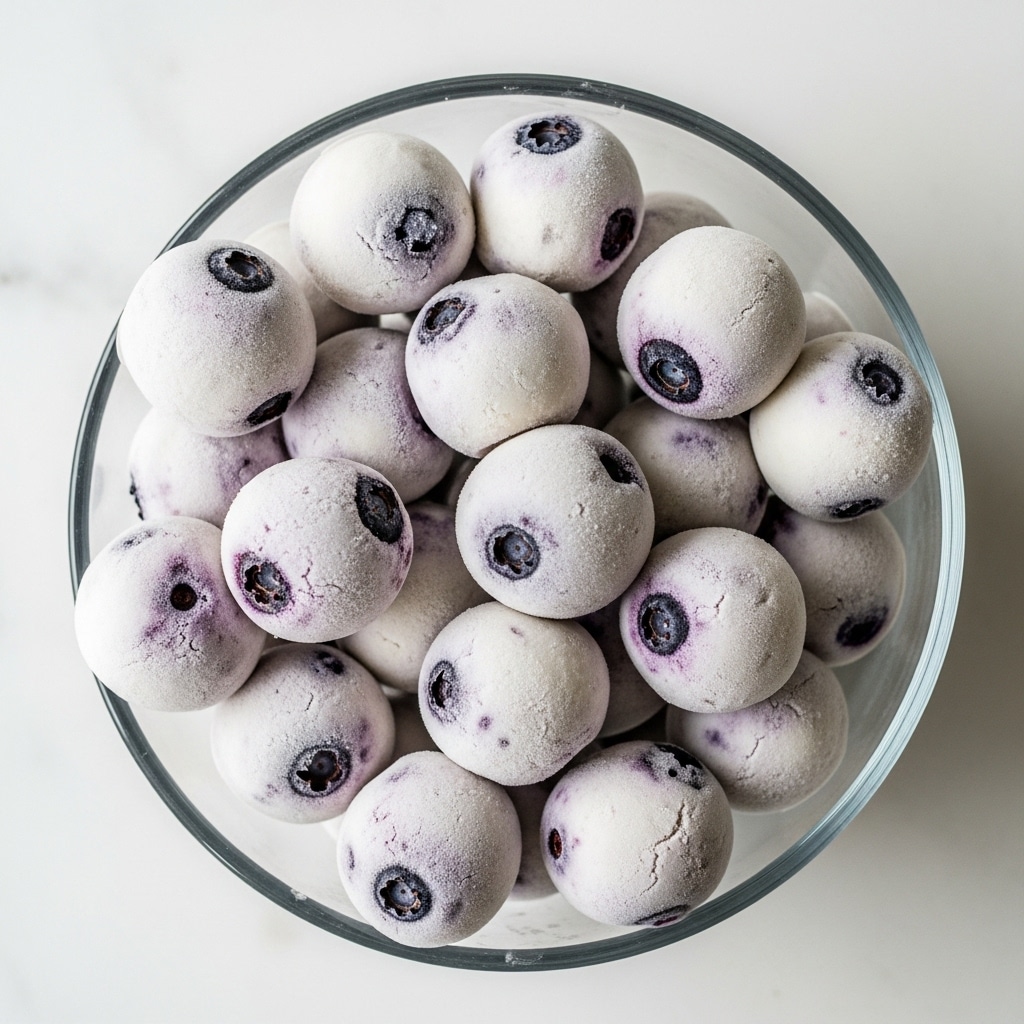 A clear round bowl filled with many small round frozen yogurt bites that are white and slightly frosty with visible dark blueberries inside each piece, sitting on a white marbled surface background. The bites have a smooth but slightly uneven texture, showing the shape of the blueberries within, and they fill the bowl to the top in a loosely piled way. photo taken with an iphone --ar 4:5 --v 7