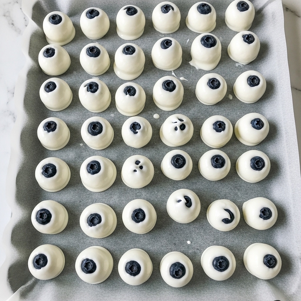 The image shows a large baking tray covered with grey parchment paper, filled with multiple small rounds of blueberries coated in a thick layer of white yogurt or cream, each round spaced evenly and with a glossy, smooth texture. Some of the blueberries peek through the thin white coating, showing their dark blue and purple colors beneath. The yogurt coating varies slightly in shape and size, some with small points or swirls on top, creating a slightly uneven but neat look across the tray. The background is a white marbled surface. photo taken with an iphone --ar 4:5 --v 7