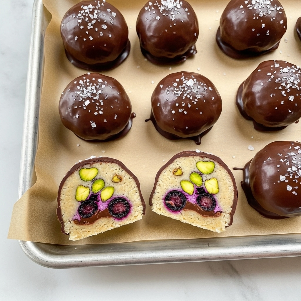 The image shows a metal baking tray lined with light brown parchment paper on a white marbled surface. On the tray, there are eight chocolate-covered round treats, some sprinkled with coarse salt flakes, each having a shiny dark brown outer chocolate layer. Two of the treats are shown before being covered in chocolate; they have a pale beige dough filled with whole green pistachios and whole blueberries, creating a contrast of dark green and blue inside the light dough. One treat is cut in half, showing a thick dark chocolate layer surrounding the creamy nut and fruit filling. The treats have a rough, slightly uneven texture, and the shiny chocolate gives a smooth finish to the top. photo taken with an iphone --ar 4:5 --v 7