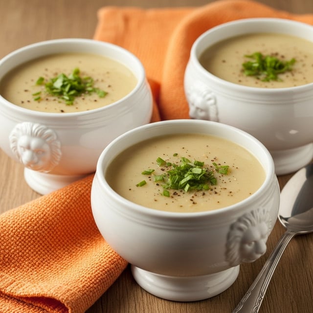 Three white ornate bowls each hold creamy light yellow soup, topped with small finely chopped green herbs and a light sprinkle of black pepper. The soup fills most of the bowls, showing a smooth thick texture. They sit on a dark wooden surface next to a soft burnt orange cloth with subtle folds. The arrangement is cozy and inviting, with the bowls slightly angled to show the garnishes clearly. photo taken with an iphone --ar 4:5 --v 7