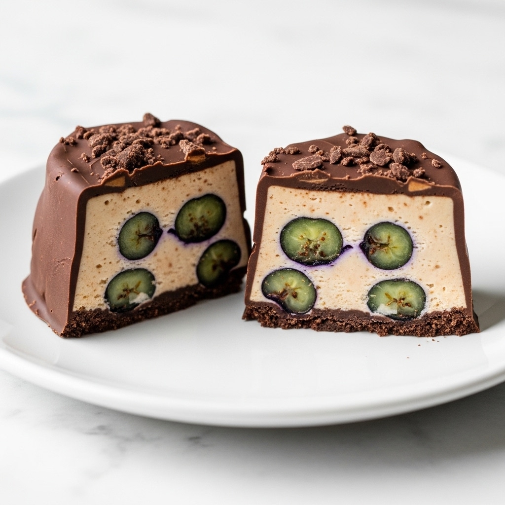 Two pieces of a dessert are shown, each with three distinct layers. The outer layer is a thick, dark chocolate shell with a smooth, slightly cracked texture and small flakes on top. Inside is a creamy beige middle layer studded with whole blueberries, which are deep blue-green with visible seeds and a juicy texture. The dessert pieces rest on a white plate, placed on a white marbled surface. photo taken with an iphone --ar 4:5 --v 7