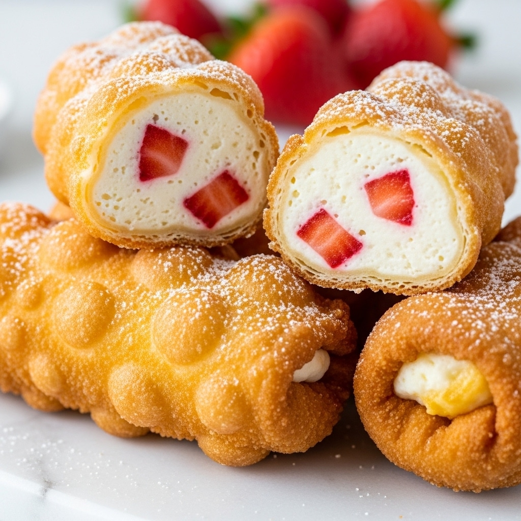 The image shows close-up fried pastries with a golden bubble-textured crust, stacked on top of each other on a white marbled surface. One pastry is cut open, showing two layers inside: a creamy white filling mixed with small pieces of red strawberries, visible in the top half, and the crispy golden outer shell wrapping each pastry. In the background, blurred strawberries add a bright red color contrast. The pastries have a light dusting of powdered sugar, enhancing their texture and color. Photo taken with an iphone --ar 4:5 --v 7