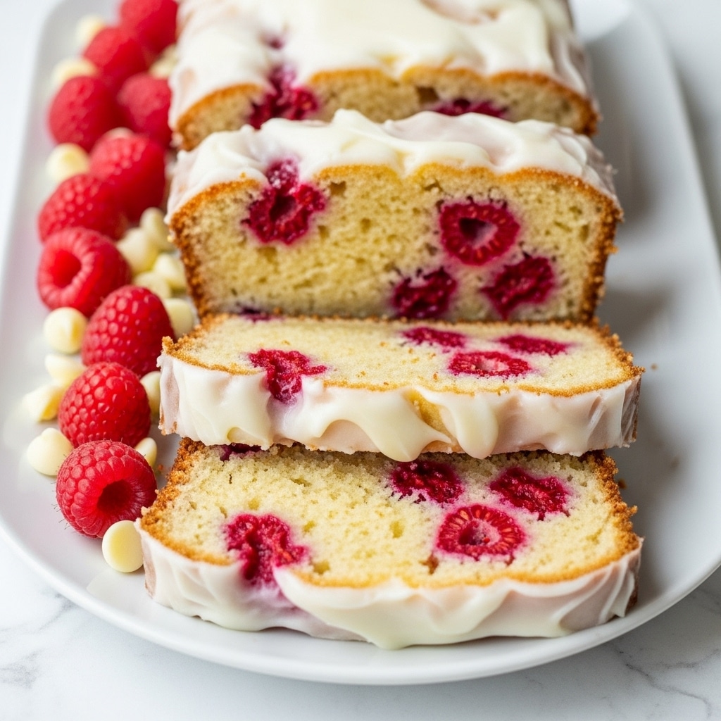 The image shows slices of raspberry cake with three main layers: the outer crust is golden brown and slightly crispy, the middle layer is soft and light yellow with embedded bright red raspberries scattered inside, and the top layer is a smooth white icing gently dripping down the sides. Fresh red raspberries and white chocolate chips decorate the side of the white plate, which sits on a white marbled surface. Photo taken with an iphone --ar 4:5 --v 7