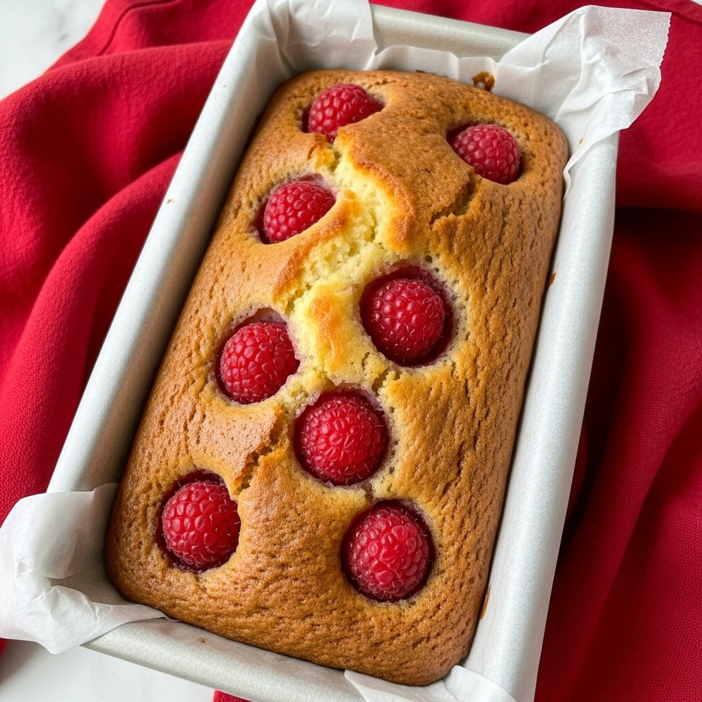 A golden brown loaf cake with a slightly cracked top showing its soft texture inside. The cake has six bright red raspberries partially baked into the top layer, their rough seed texture visible against the smooth golden crust. The loaf is in a rectangular baking tin lined with white parchment paper. The background is a red cloth with folds, but the surface underneath is a white marbled texture. The overall look is warm and fresh. photo taken with an iphone --ar 4:5 --v 7
