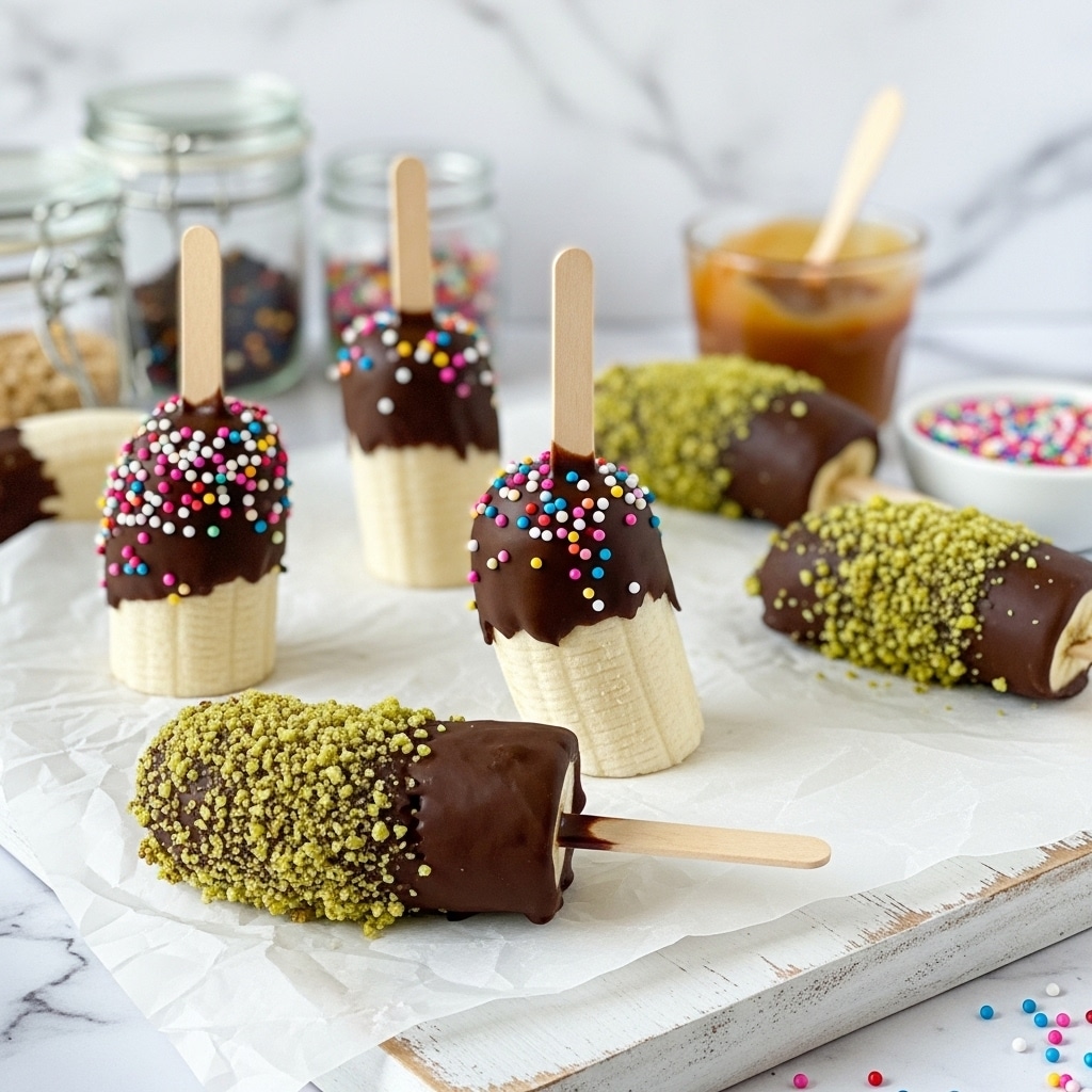 The image shows several frozen banana pops on a white wooden board with parchment paper. Each banana is cut into a single piece and dipped halfway in dark chocolate. Two of the bananas are sprinkled with small colorful round sprinkles, while two others are covered with a greenish crushed nut topping. Each banana is held with a wooden stick inserted at the bottom. In the blurred background, there is a white marbled surface with jars containing toppings, a glass of caramel sauce, and a bowl of colorful sprinkles near the white wooden board. Photo taken with an iphone --ar 4:5 --v 7