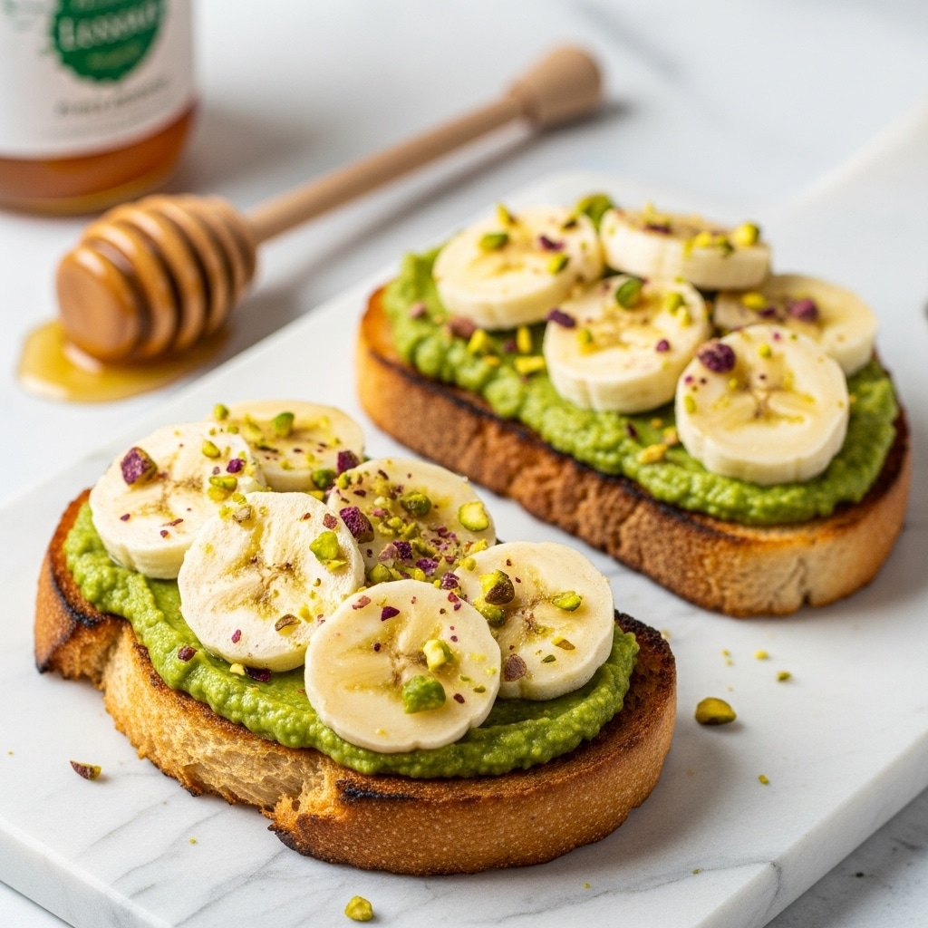 Two pieces of toasted bread sit on a wooden board with a white marbled background. Each slice is spread with a thick, creamy layer of green matcha spread, which looks smooth and rich. On top of the matcha, there are several round banana slices, each pale yellow with soft textures. Small green and purple crushed nuts sprinkled over the bananas add a crunchy contrast. In the background are a honey dipper with honey and a jar with a green label, slightly out of focus. photo taken with an iphone --ar 4:5 --v 7